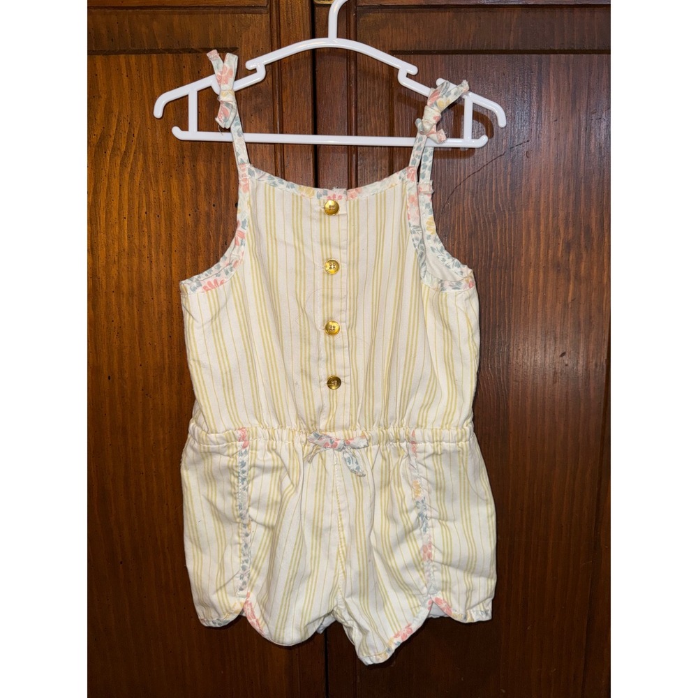 Shabby Chic Toddler Girls Yellow Striped Floral Trim Romper Size 24M
